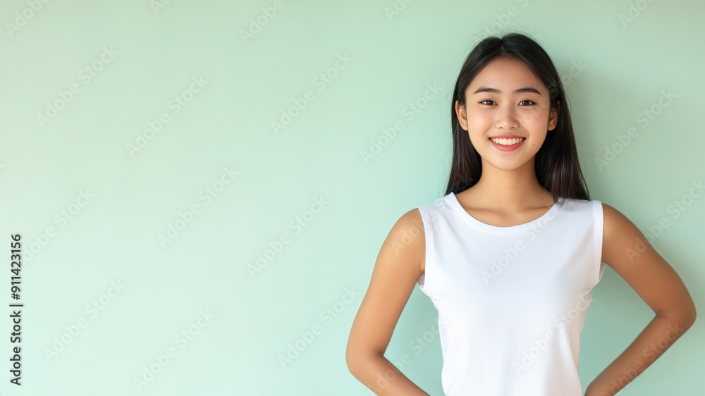 Indonesian woman smile hands on hips wearing white t-shirt isolated on gray Indonesian woman smile hands on hips wearing white t-shirt isolated on gray