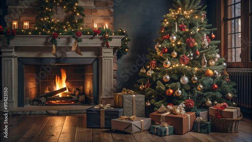 Ornamented fir tree gleams beside crackling fireplace, gifts wrapped beneath