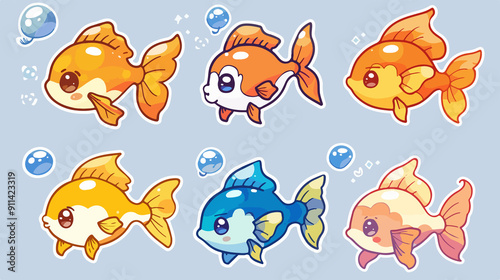 fish icon chibi style, cute animal themed sticker collection for children's story books