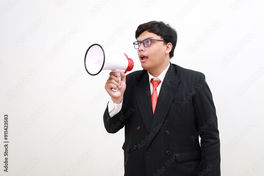 Young employee businessman corporate work in office hold scream aside megaphone announces discounts sale Hurry up isolated on white background Young employee businessman corporate work in office hold scream aside megaphone announces discounts sale Hurry up isolated on white background