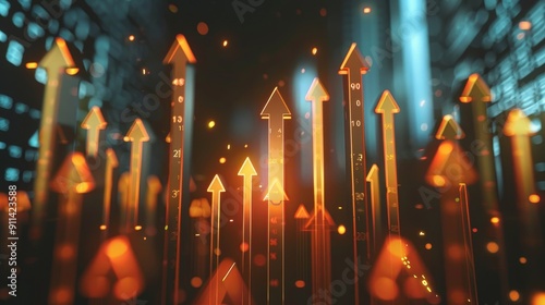 The infographic shows a rising arrow and bar stats symbolizing growth and success, with glitches and noise effect in 4K.