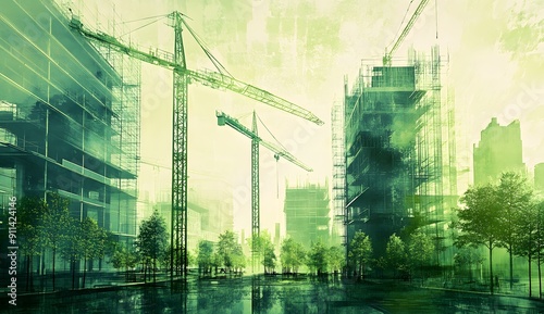 green building in the city, blueprint and sketch in the style of green, construction site with cranes and trees, double exposure photography,