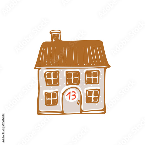 Whimsical Advent Calendar cottage door with numbers for december festive Christmas countdown. Winter holiday social media promotion campaign, festive sales and cute hand drawn festive home card design