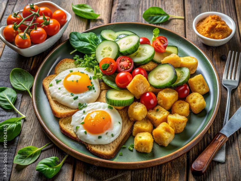 crispy cheese toast, fried eggs, and tender gnocchi salad with cucumber, tomatoes, and spinach, arranged artfully on a breakfast table setting. crispy cheese toast, fried eggs, and tender gnocchi salad with cucumber, tomatoes, and spinach, arranged artfully on a breakfast table setting.