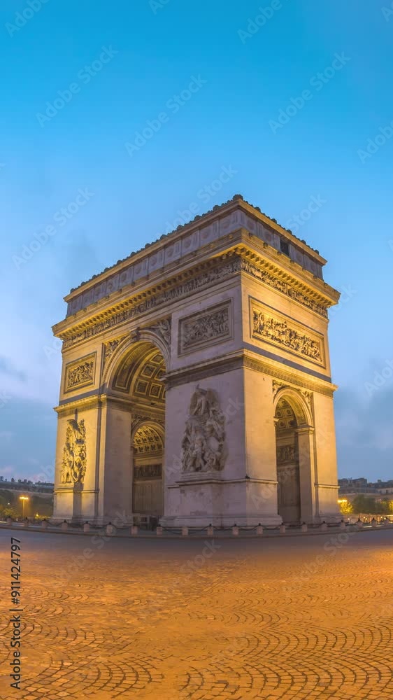 Paris France time lapse night to day city skyline at Arc de Triomphe and Champs Elysees (Vertical)