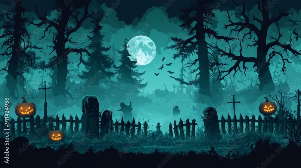 Spooky Night in the Enchanted Forest - Vector Flat Illustration with Ghosts, Pumpkins, and Moonlight in Dark Toned Cartoon Style Spooky Night in the Enchanted Forest - Vector Flat Illustration with Ghosts, Pumpkins, and Moonlight in Dark Toned Cartoon Style