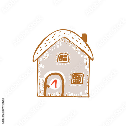 Whimsical Advent Calendar cottage door with numbers for december festive Christmas countdown. Winter holiday social media promotion campaign, festive sales and cute hand drawn festive home card design
