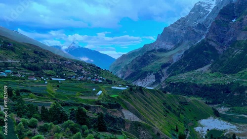 small village of himachal pradesh, with cloudy weather india drone view