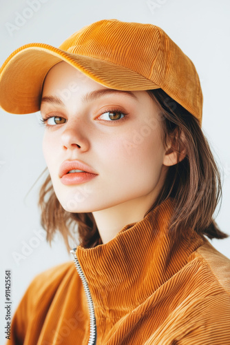 Fashion portrait of a stylish young model in fall winter outfit. Trends accsessories cap. photo