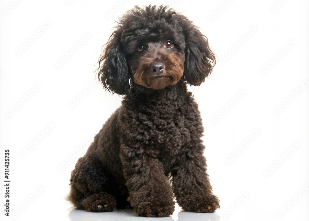 Adorable black poodle with curly fur sits alone on white background, gazing away with big brown eyes, its innocence and cuteness captivating the viewer. Adorable black poodle with curly fur sits alone on white background, gazing away with big brown eyes, its innocence and cuteness captivating the viewer.