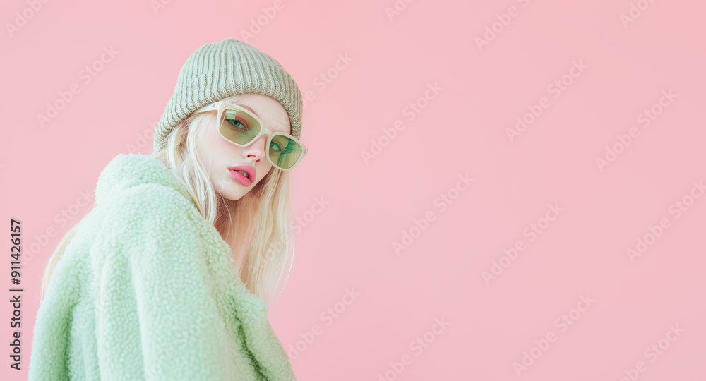Blonde teen model in a stylish beanie, coat and sunglasses. Fall winter fashion concept.