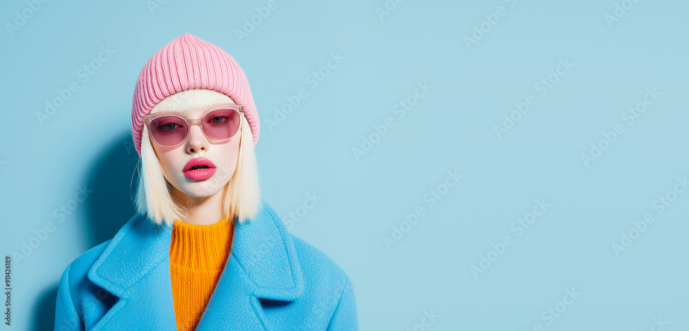 Blonde albinos model in a stylish beanie, coat and sunglasses. Fall winter fashion concept. Blonde albinos model in a stylish beanie, coat and sunglasses. Fall winter fashion concept.