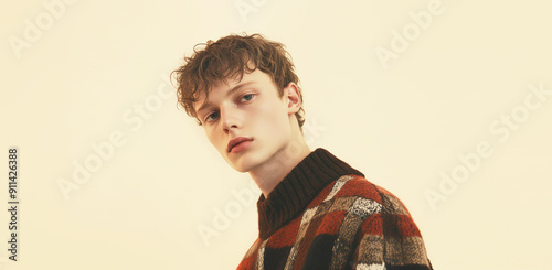 Fashion boy model in stylish sweater on one tone background. Fall winter concept. photo