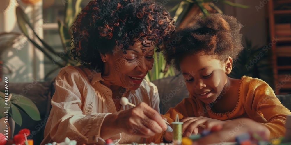 Obraz premium Afro-Latina grandmother teaching her grandchild a craft.