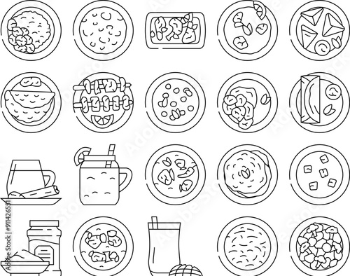 indian cuisine curry food chicken icons set vector. dish restaurant, asian rice, india meal, spice masala, dinner indian cuisine curry food chicken black contour illustrations