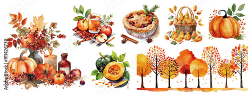 A delightful series of watercolor scenes capturing the essence of autumn harvest, featuring pumpkins, pies, and colorful foliage. Autumn Harvest and Pumpkin Watercolor Scenes

