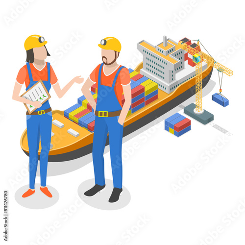 3D Isometric Flat Vector Illustration of Sea Port Checkpoint , Freight Transportation and Delivery. Item 2