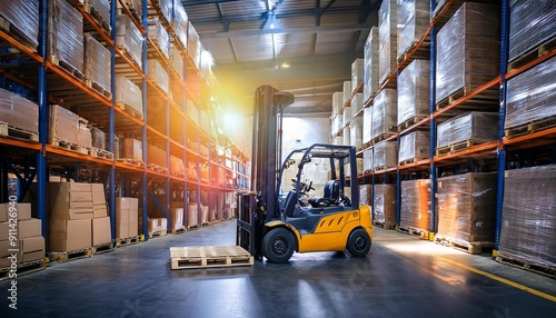 Forklift in a warehouse lifting a pallet