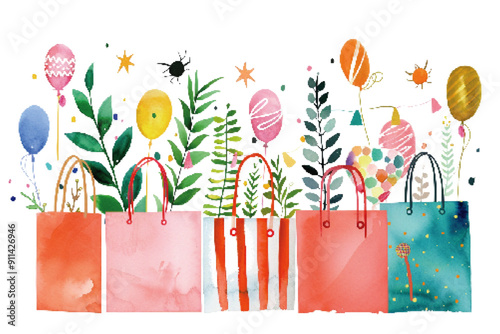 A playful set of watercolor party bags adorned with balloons, stars, and whimsical plants, ideal for celebrations and events. Colorful Party Bags with Balloons and Stars Watercolor

