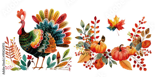 Beautiful watercolor art depicting a colorful Thanksgiving turkey and a festive arrangement of pumpkins and autumn leaves. Thanksgiving Turkey and Pumpkin Watercolor Art

