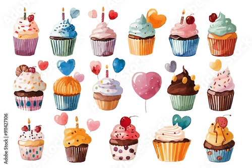 A delightful array of watercolor cupcakes decorated with vibrant icings, candies, and festive balloons.
 Colorful Collection of Festive Cupcakes Watercolor
