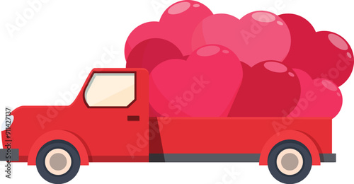 Red pickup truck is delivering a full load of giant pink hearts
