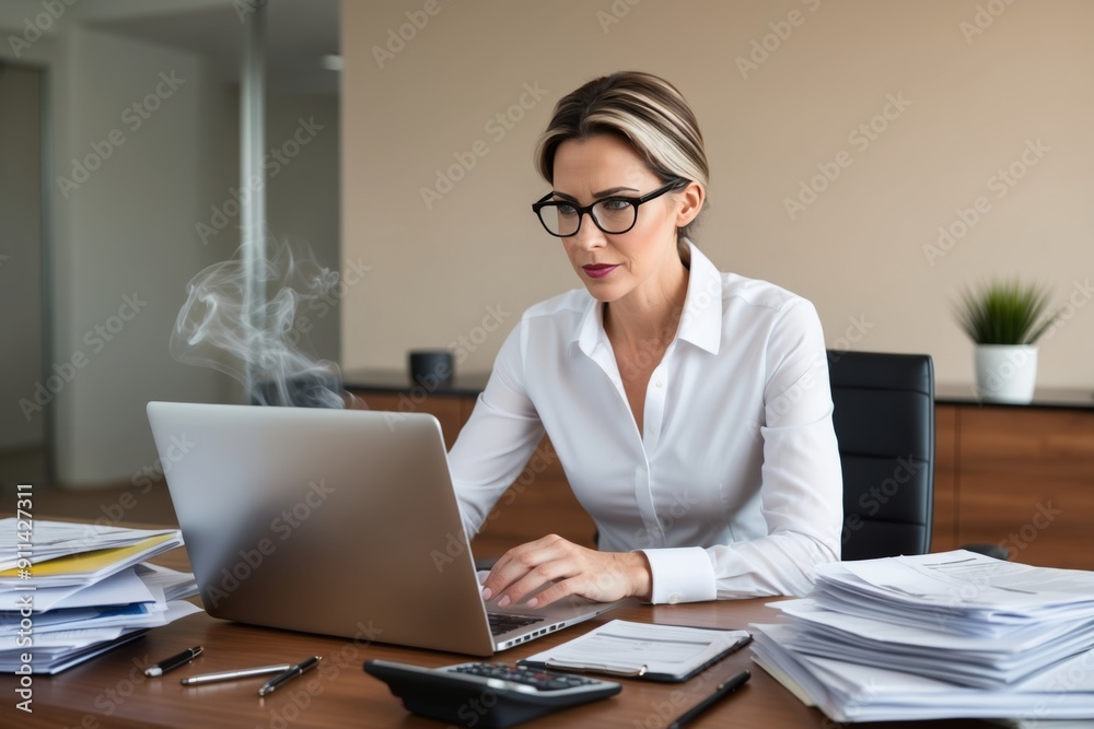 Business Professional Woman Working Diligently on Laptop Surrounded by Paperwork in Modern Office Setting Business Professional Woman Working Diligently on Laptop Surrounded by Paperwork in Modern Office Setting
