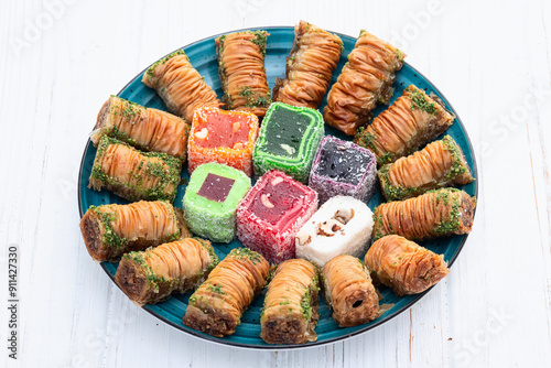 Turkish delight candy with arabic baklava . Rahat lokum photography