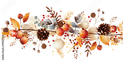 Delicate watercolor illustration of an autumn garland featuring apples, pine cones, and an array of fall foliage. Elegant Autumn Garland Watercolor Illustration

