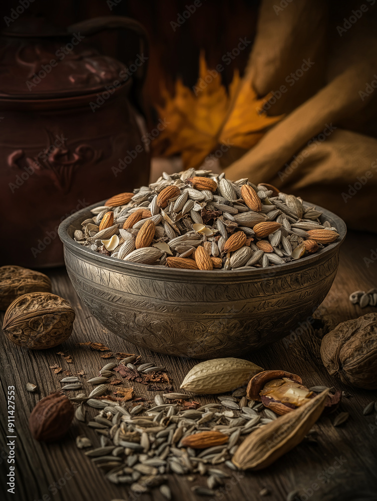 Seeds, pods and nuts in a bowl, with spilled seeds creating an interesting pattern Seeds, pods and nuts in a bowl, with spilled seeds creating an interesting pattern