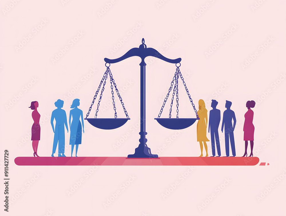 A group of people stand before a scale of justice, representing equality and fairness in law.