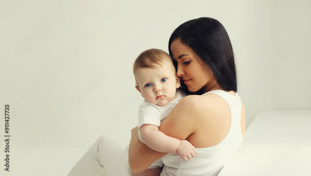Happy young mother holding cute baby together in white room at home Happy young mother holding cute baby together in white room at home