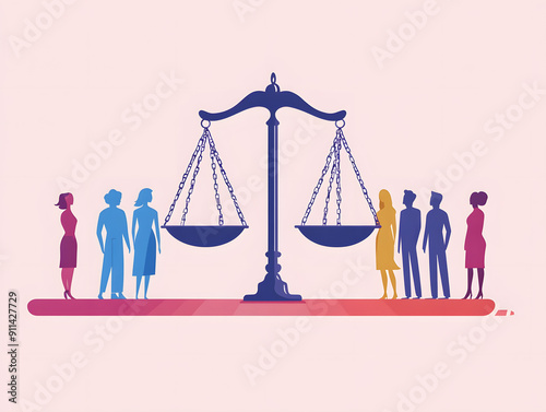 A group of people stand before a scale of justice, representing equality and fairness in law.