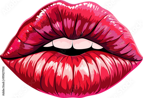 Red lips with shiny lipstick isolated sign. Fashion and beauty emblem with kissing mouth