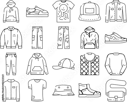 streetwear cloth urban style icons set vector. print element, shirt woman, abstract fashion, shop wear, globe angel, futuristic streetwear cloth urban style black contour illustrations