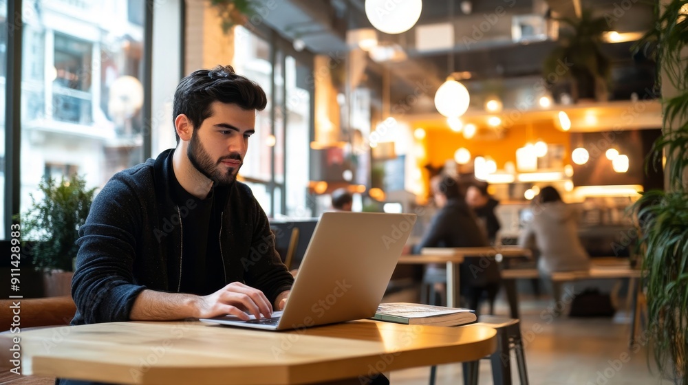 Young professional using laptop in a stylish co-working space Young professional using laptop in a stylish co-working space