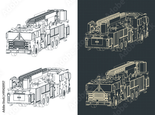 Big fire truck isometric technical drawings