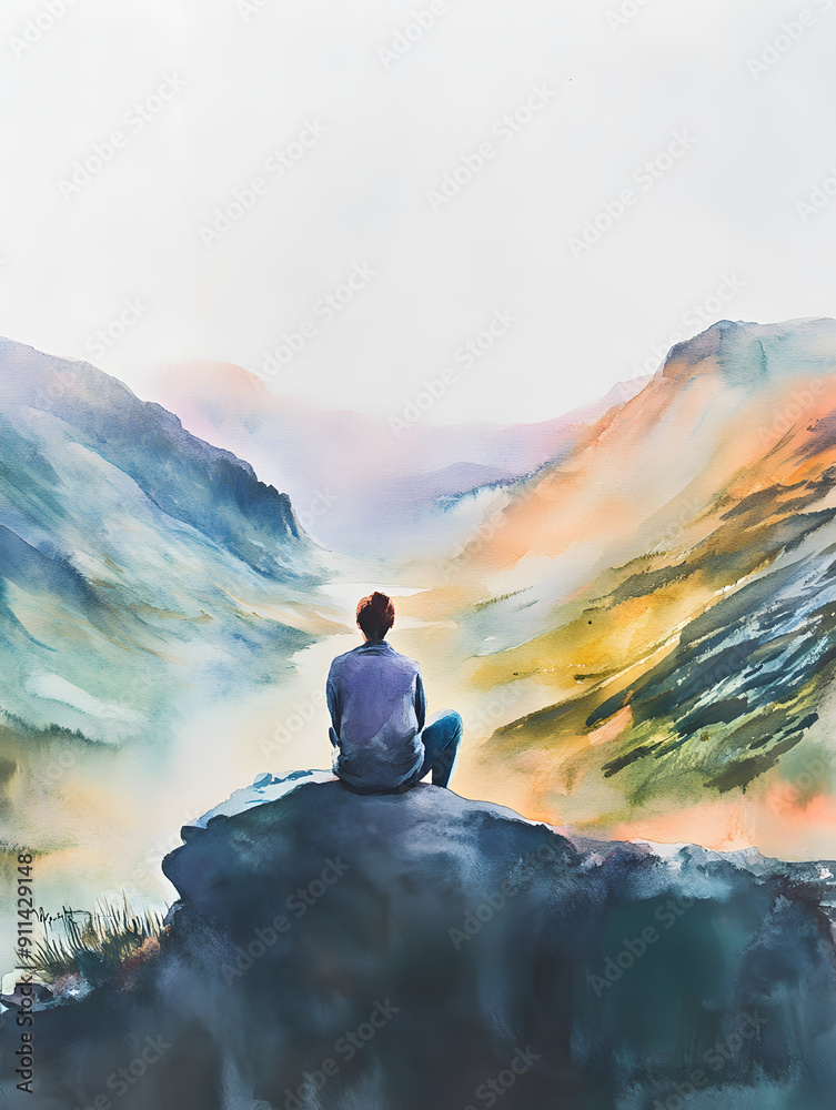 A lone figure sits on a mountaintop, gazing at the misty valley below. The colors of the sky and landscape create a serene and peaceful atmosphere. A lone figure sits on a mountaintop, gazing at the misty valley below. The colors of the sky and landscape create a serene and peaceful atmosphere.
