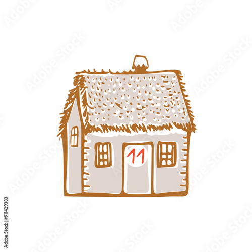 Whimsical Advent Calendar cottage door with numbers for december festive Christmas countdown. Winter holiday social media promotion campaign, festive sales and cute hand drawn festive home card design