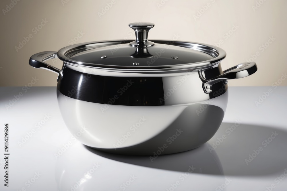 Polished Metal Cooking Pot With Glass Lid Positioned on a Smooth Surface Polished Metal Cooking Pot With Glass Lid Positioned on a Smooth Surface