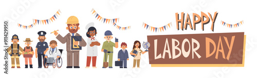 Happy Labor Day banner with people of various professions. Holiday flat vector illustration