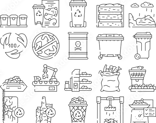 waste sorting garbage plastic icons set vector. recycle trash, can glass, metal paper, container bottle, food reuse waste sorting garbage plastic black contour illustrations