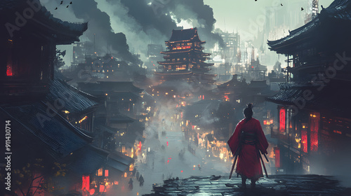 Wallpaper Mural A lone samurai stands atop a building, gazing at a bustling, futuristic Japanese city shrouded in mist. Torontodigital.ca