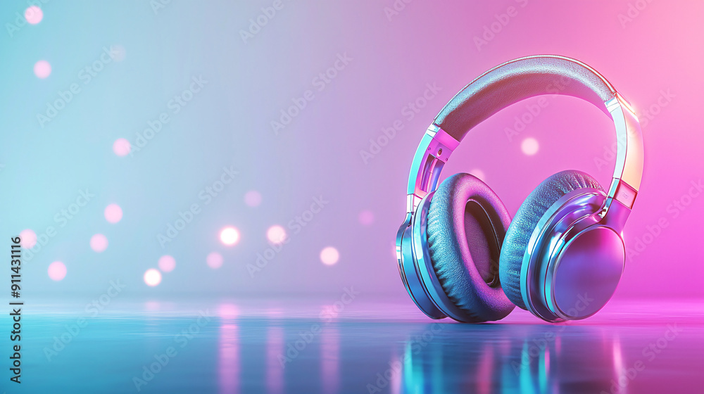 A pair of headphones is sitting on a table. The headphones are blue and have a black band. The background is a light blue color. A pair of headphones is sitting on a table. The headphones are blue and have a black band. The background is a light blue color.