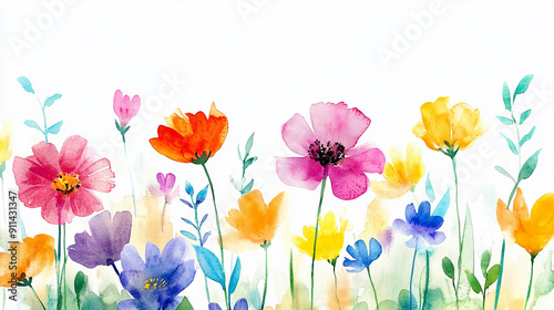 Vibrant watercolor flowers in a spring meadow Water color on white background