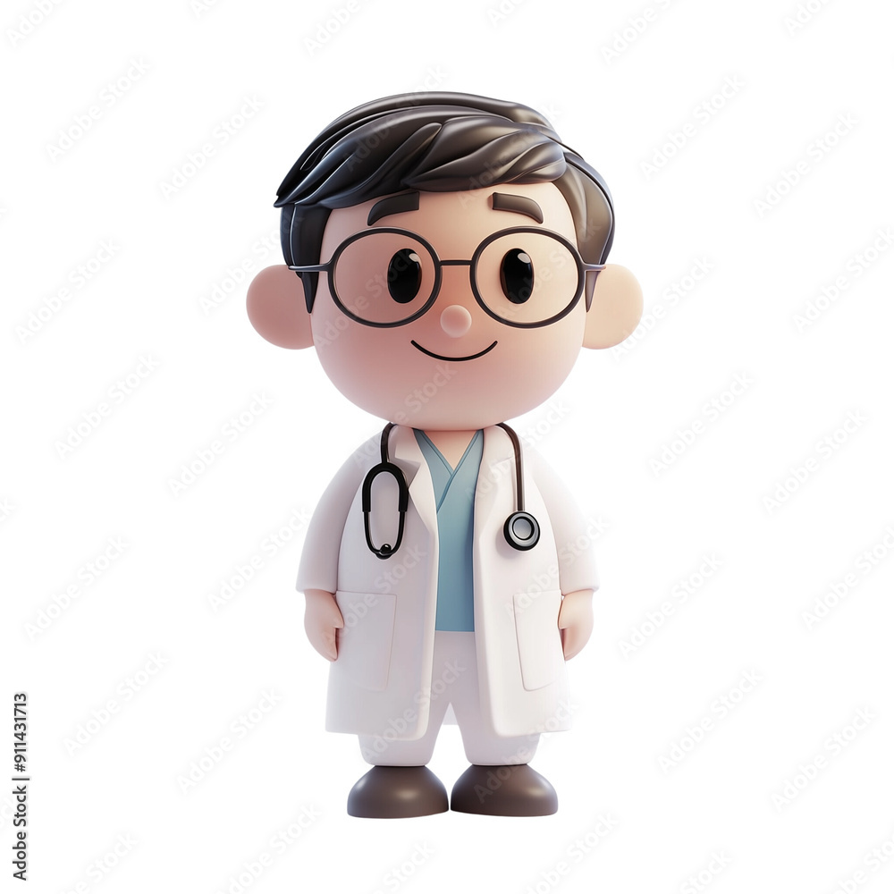 Cartoon doctor character with glasses and stethoscope in a white coat, ideal for medical and educational materials.
