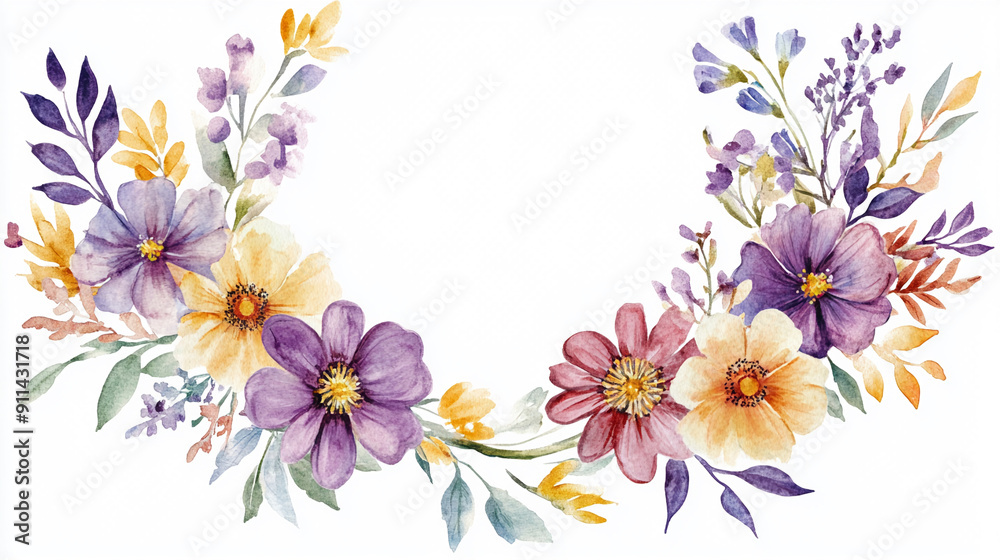 Fototapeta premium Watercolor flowers arranged in a circular wreath Water color on white background