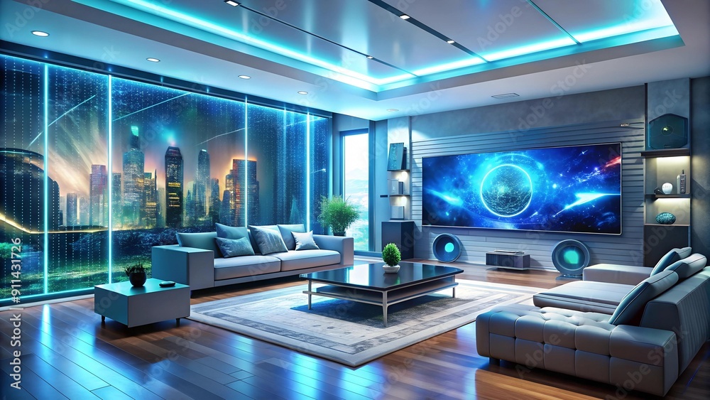A Symphony of Light and Sound: A Futuristic Living Room with Holographic Screens and AI-Powered Entertainment System AI Generated A Symphony of Light and Sound: A Futuristic Living Room with Holographic Screens and AI-Powered Entertainment System AI Generated