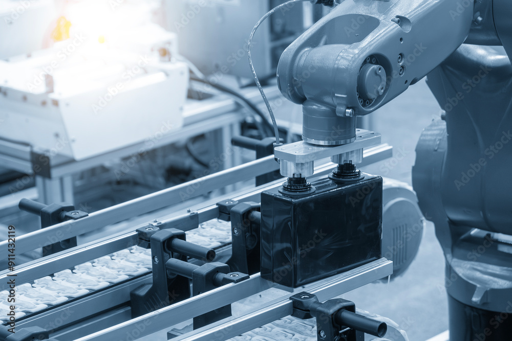 The material handling process by robotic arm in battery production line. The material handling process by robotic arm in battery production line.