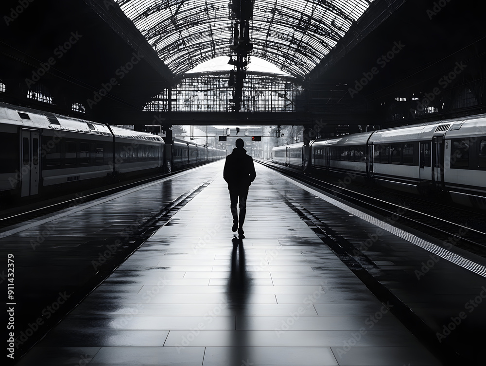 A solitary figure walks down a train station platform, surrounded by parked trains. The image conveys a sense of solitude and anticipation. A solitary figure walks down a train station platform, surrounded by parked trains. The image conveys a sense of solitude and anticipation.